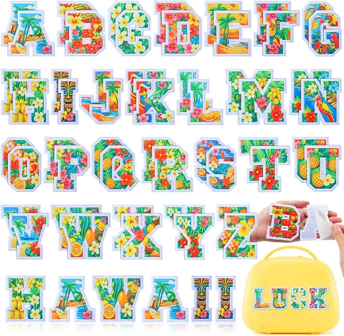 WILLBOND 52 Pcs Hawaii Luau Alphabet Patches 2.8 Inch Self Adhesive Letter