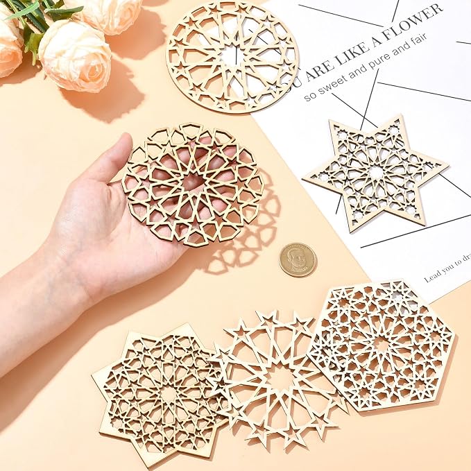 12 pcs 6 Styles Hollow Star Theme Wooden Drink Coasters Snowflake Hexagon