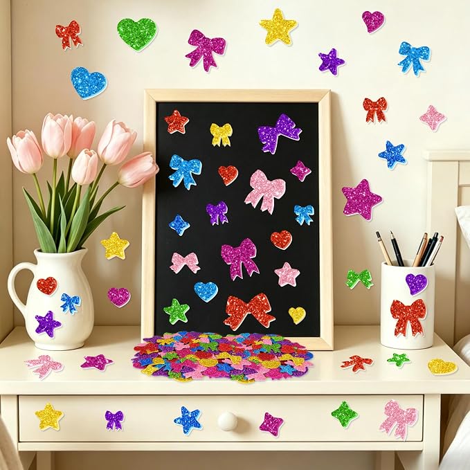 1000PCS Glitter Foam Stickers, Colorful Heart & Bow Stickers, Self-Adhesive