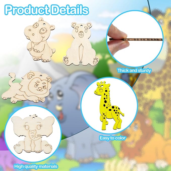 45 Pcs 9 Styles Unfinished Animal Wood Cutouts Cute Horse Lion Bear Wooden