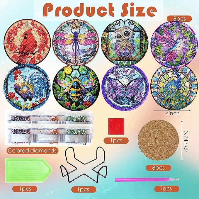 ijbnhd 8 Pack Diamond Art Coasters Kits Animals Diamond Painting Coasters |