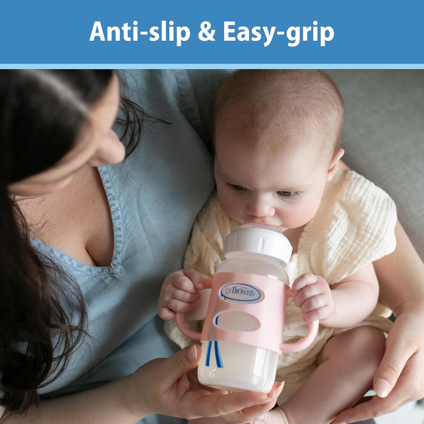 Dr. Brown's Wide-Neck Baby Bottle Handles, 100% Silicone, Easy Grip Removable Handles for Bottle to Sippy Cup Transition, Blue, 4m+