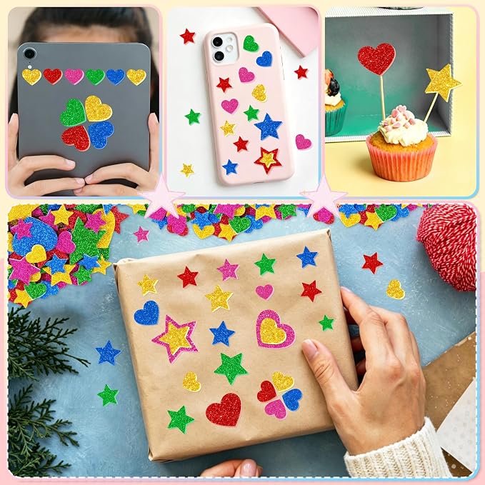 625Pcs Foam Stickers Glitter Colorful Heart Star Shapes Stickers 5Sheets 3D