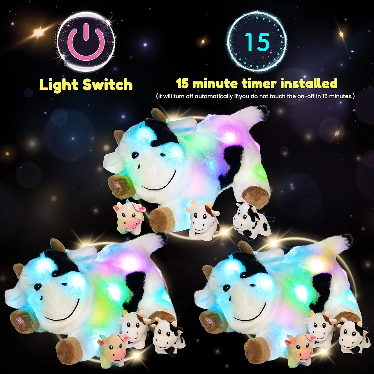 Hopearl LED Plush Cow Lighting Up Stuffed Mommy With 3 Baby Dairy Cows in Her Tummy - Floppy Animal Playset Night Lights Glow in The Dark for Mom Toddlers, 15''