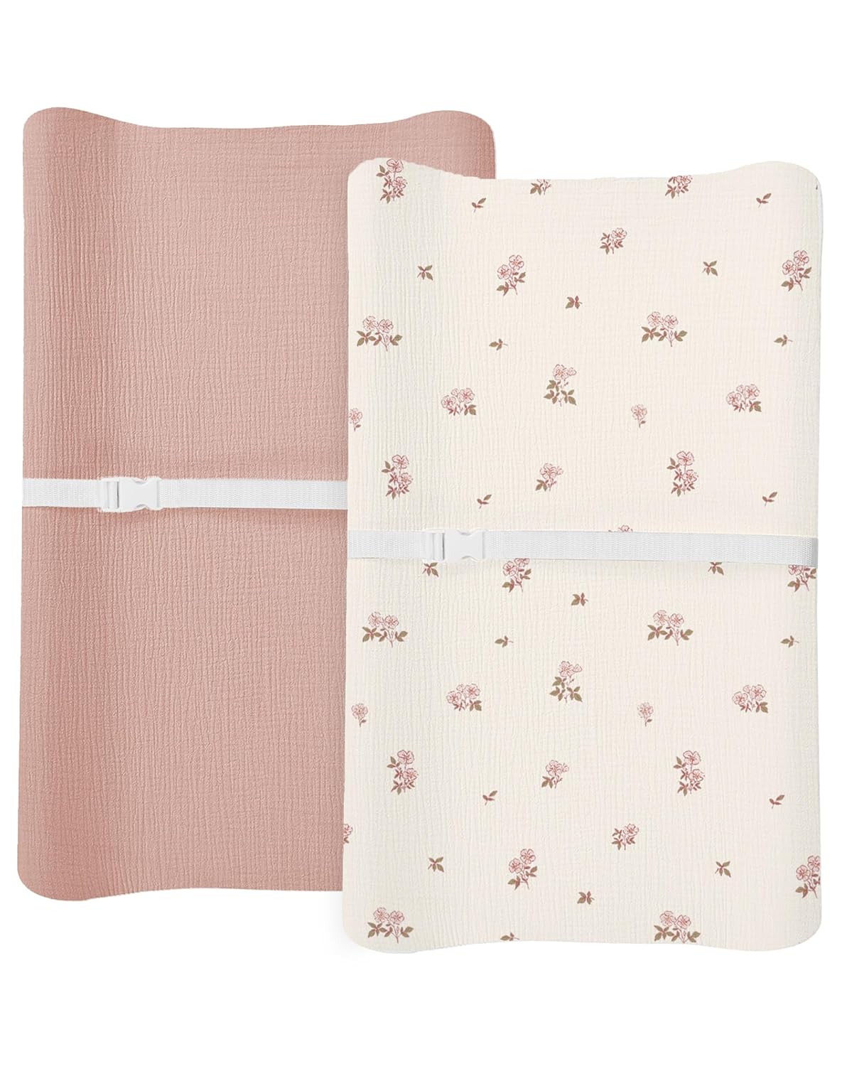 Changing Pad Cover for Baby Boy Girl 2 Pack, Muslin Changing Table Pad Covers with Boho Style, Neutral Nursery Bedding Essentials Soft and Breathable (Vintage Blossom & Pink)