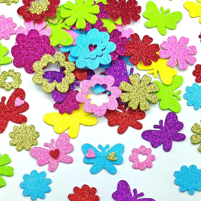 180PCS Glitter Foam Flower Stickers, Spring Theme Puffy Shapes |