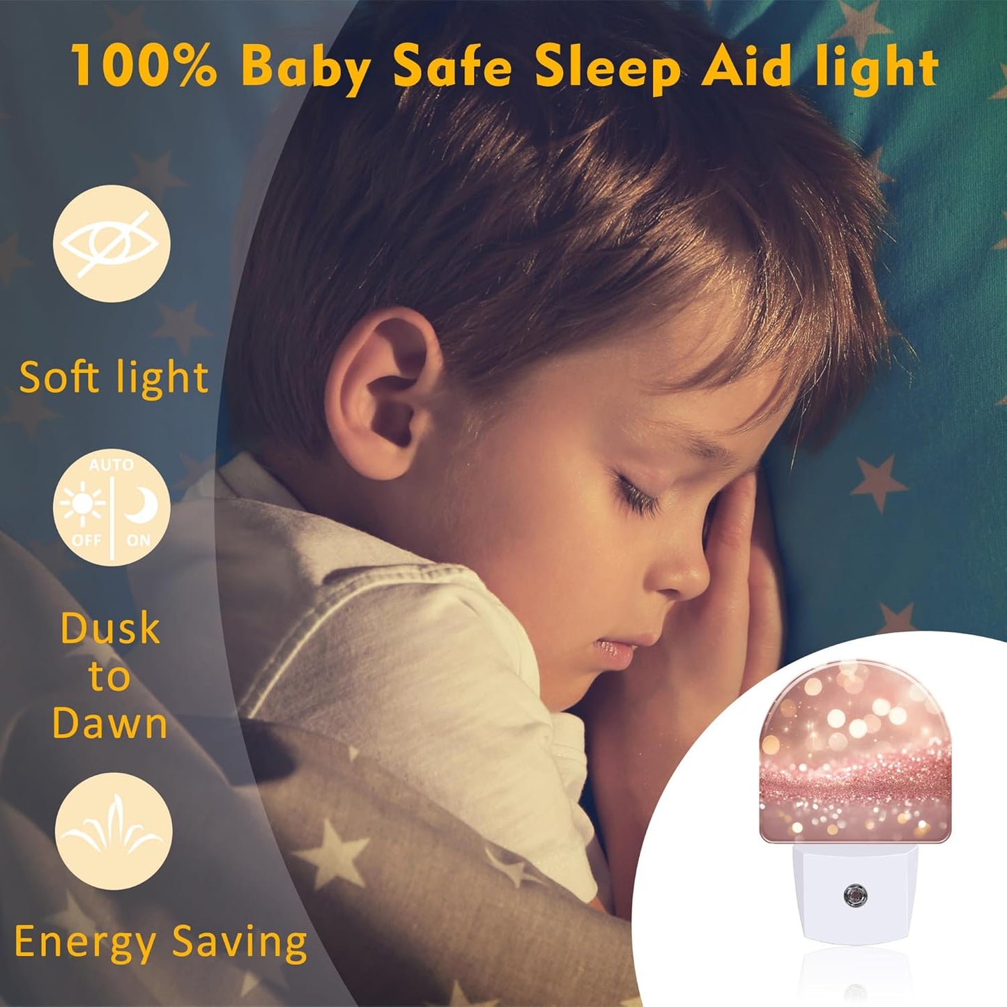 Rose Pink Glitter Night Light, Gold Sparkle Shine Bling Dusk to Dawn Night Light Plug in,0.5w Energy Saving Sleep Friendly NightLight for Kids Boys Girls Home Decor