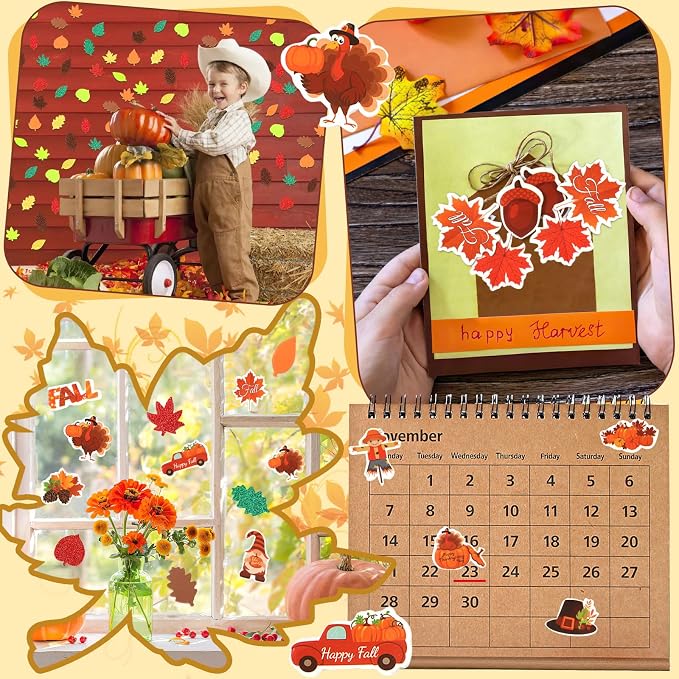 600Pcs Fall Thanksgiving Foam Sticker Glitter Maple Leaf Sticker | Autumn Decals