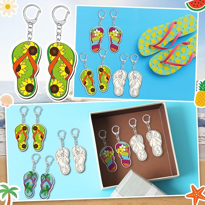 RattanView 24 Pcs Flip Flop Slipper Craft Color Your Own Keychains DIY Craft