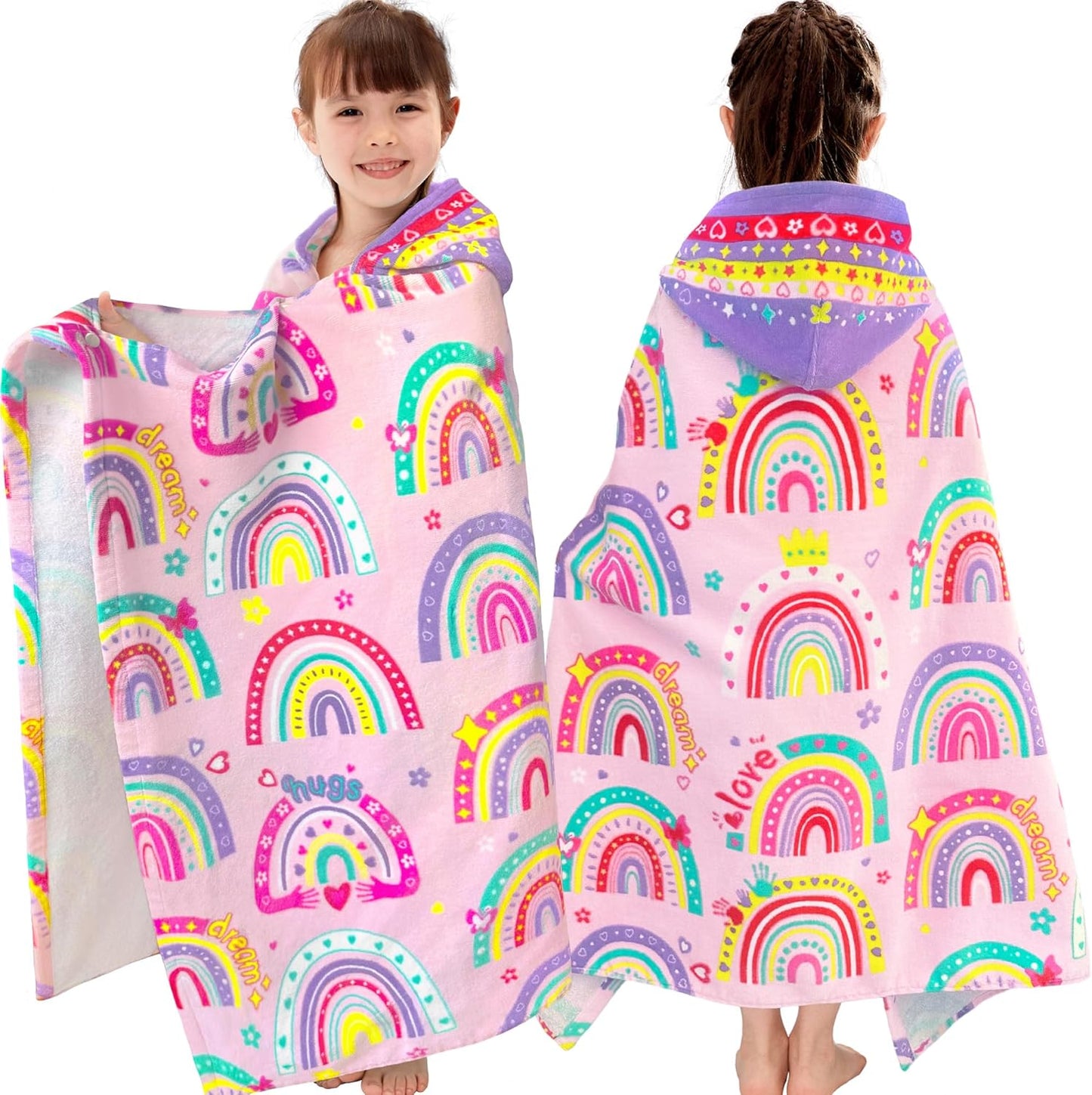 VOOVA & MOVAS Hooded Towels for Kids 3-10Years, 30''X50, Soft | Thick | 100% Cotton | Absorbent Towel Wrap for Girls, Perfect for Toddler Beach, Pool, Bath, Swimming,Rainbow