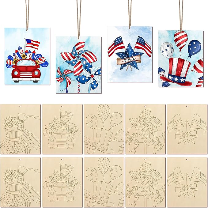 COCHIE 10 Pieces Large 4th of July Unfinished Wood Crafts to Paint