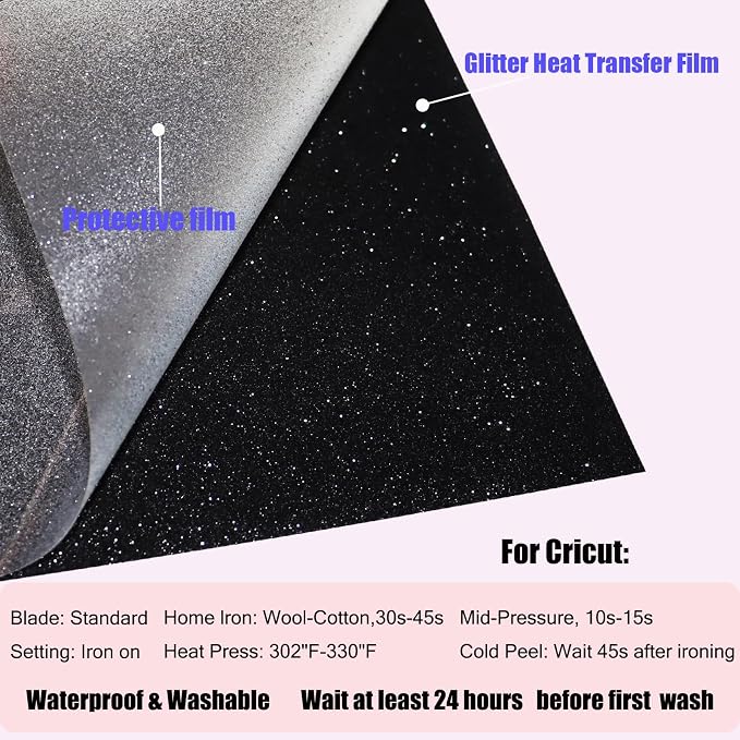 Glitter Heat Transfer Vinyl 12" x 5ft Black Glitter Iron on Vinyl