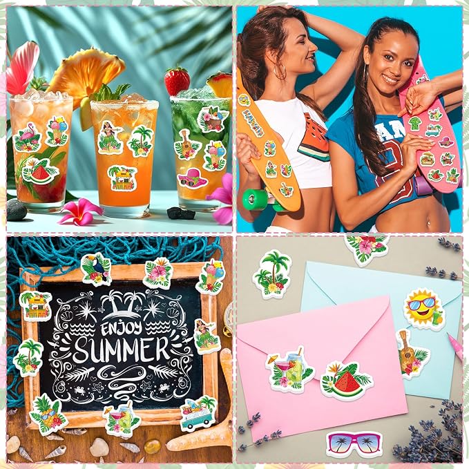 300Pcs Summer Foam Stickers, Colored Hawaii Palm Leaf Flower Foam Sticker Self