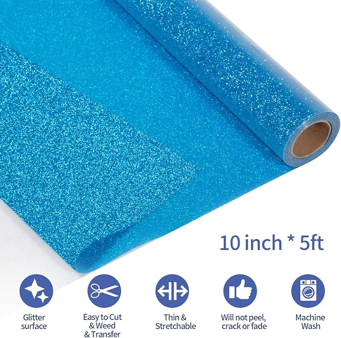 VINYL FROG Glitter HTV Vinyl 10" x5ft Heat Transfer Vinyl Roll Blue Iron on