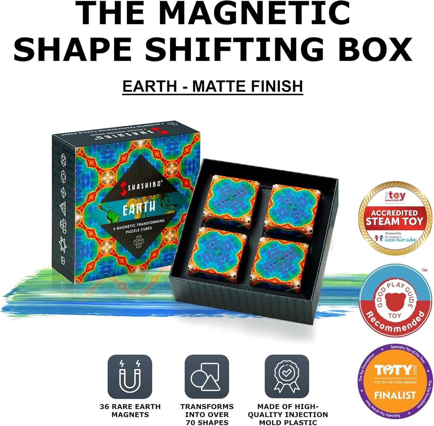 SHASHIBO Shape Shifting Box - Award-Winning, Patented Fidget Cube w/ 36 Rare Earth Magnets - Transforms Into Over 70 Shapes, Gift Box, Download Fun in Motion Toys Mobile App (Earth, 4 Pack)
