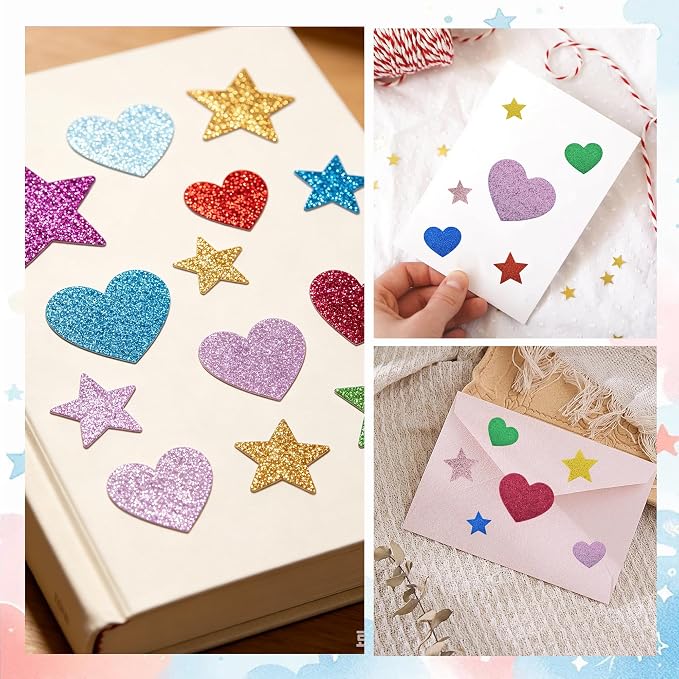BEISHIDA 1040 PCS Glitter Foam Stickers, Heart Stars Shapes Self-Adhesive