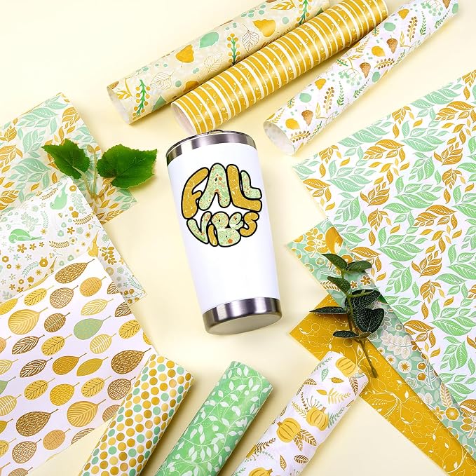 Yellow Leaves Boho Permanent Adhesive Vinyl 12 Sheets 12'' x 10'' | Green