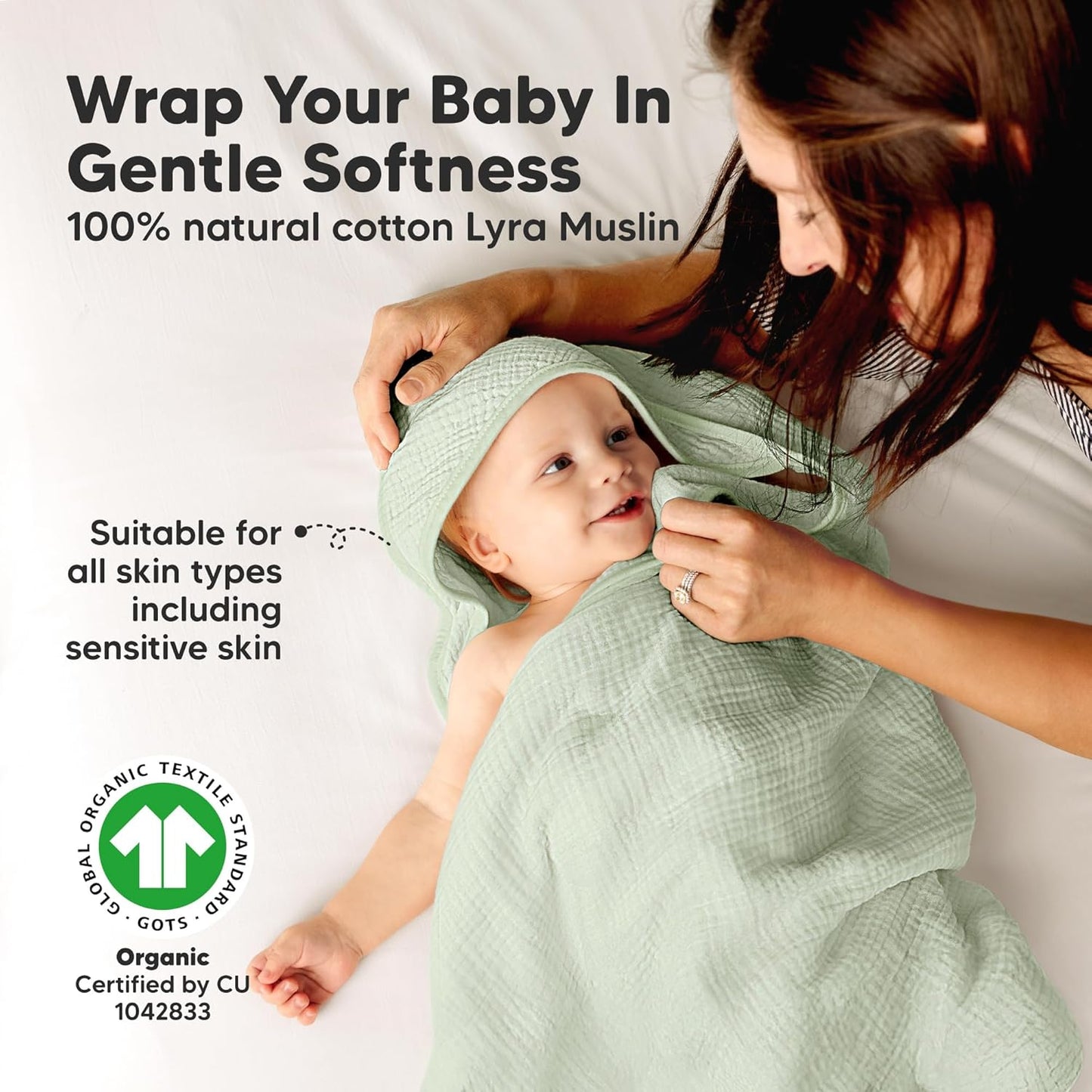KeaBabies Muslin Hooded Baby Towels for Newborn Girls, Boys - 2-Pack, 35x35 Organic Cotton Baby Bath Towels Hooded, Soft Absorbent, Toddlers, Kids, Infant, Newborn Bath Essentials (Sage, Regular)