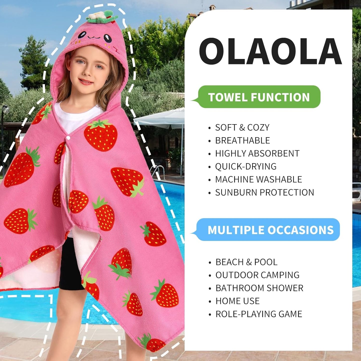 OLAOLA Strawberry Hooded Towel for Kids 3-12 Years, 28" x 53" Soft Thick Absorbent Beach Towels, Toddler Bath Towel Wrap Swim Pool Towels Poncho for Boys Girls