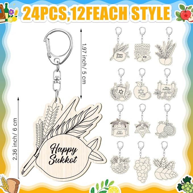 RattanView 24 Pcs Sukkot Crafts Color Your Own Keychains Diy Craft Wooden Blank