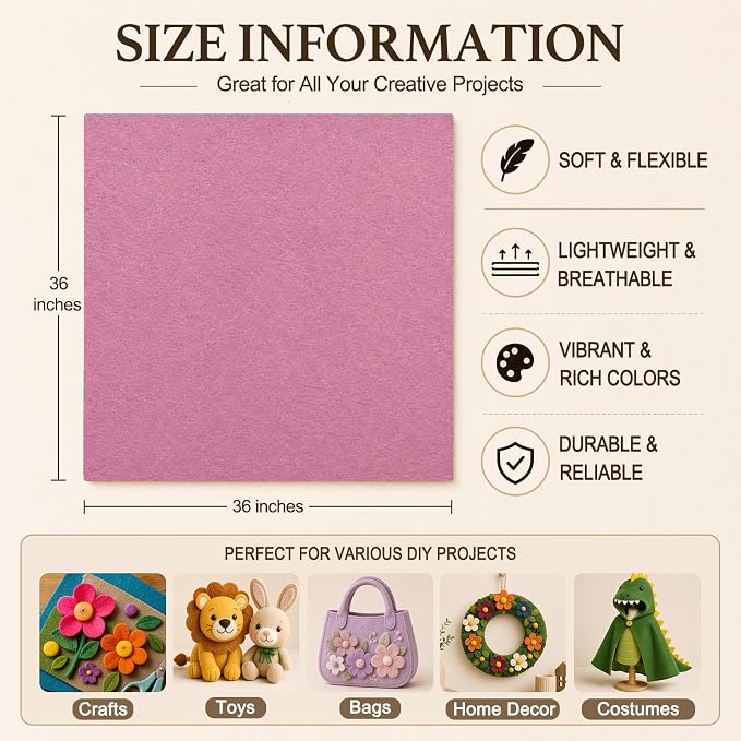 Dusty Pink Large Felt Fabric 36" x 36", 1.4 mm Soft Felt Sheet, Nonwoven Fabric