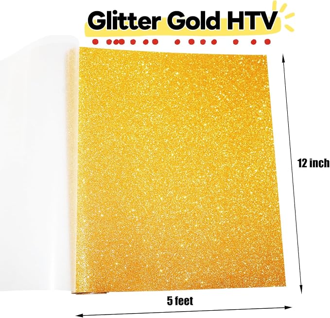 Glitter Heat Transfer Vinyl 12" x 5ft Gold Glitter Iron on Vinyl