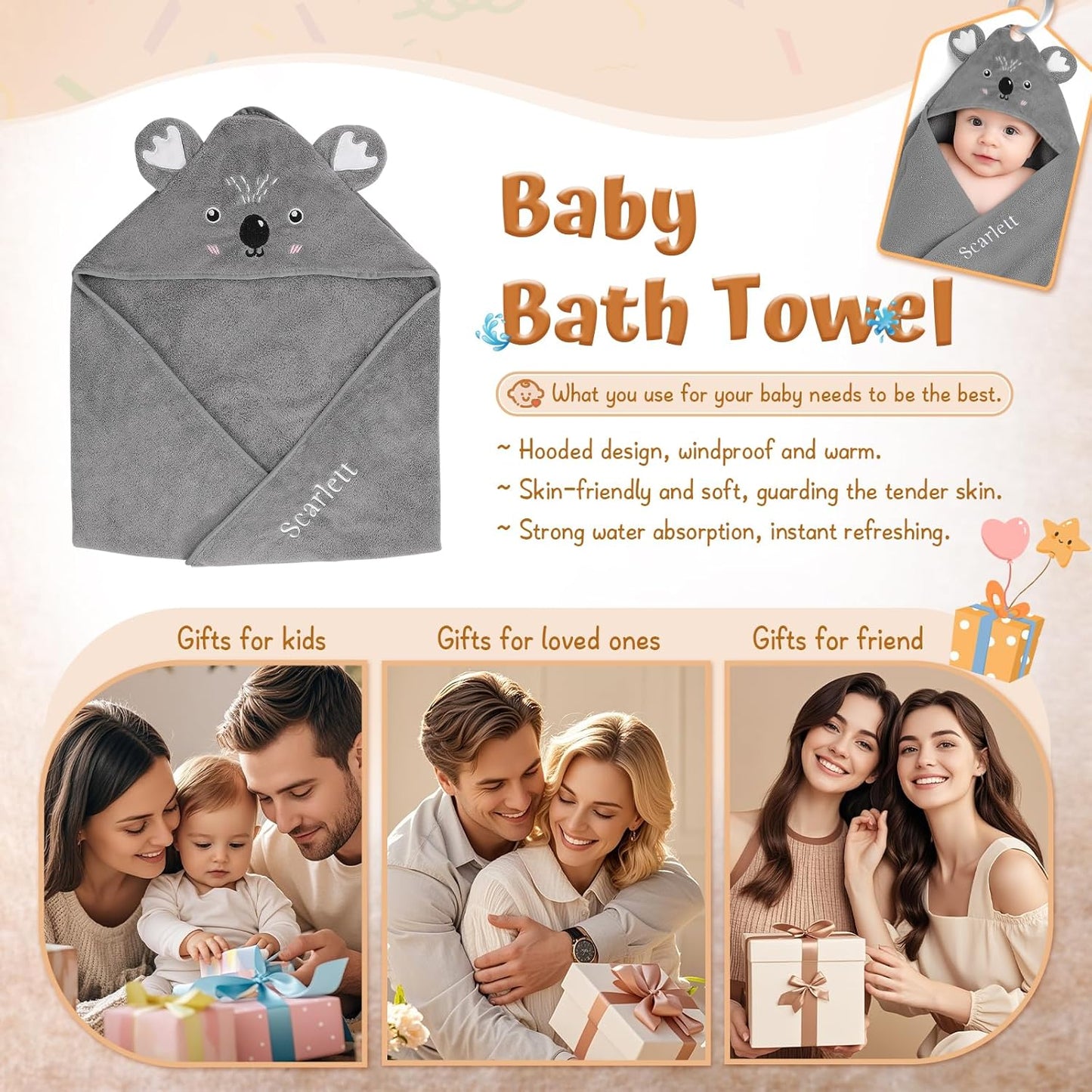 Personalized Baby Towels for Newborn Custom Embroidery Name Hooded Baby Bath Towels for Boy Girl Newborn Essentials Must Haves Shower Gift Soft Coral Velvet 30"x30" (Gray)