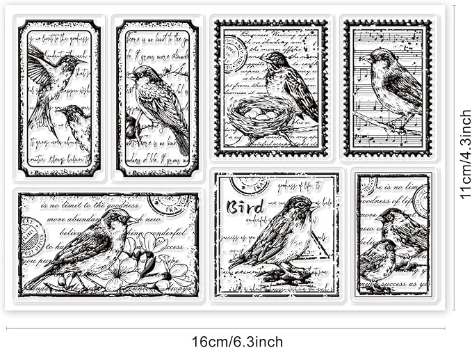 GLOBLELAND Vintage Flower and Bird Text Clear Stamps