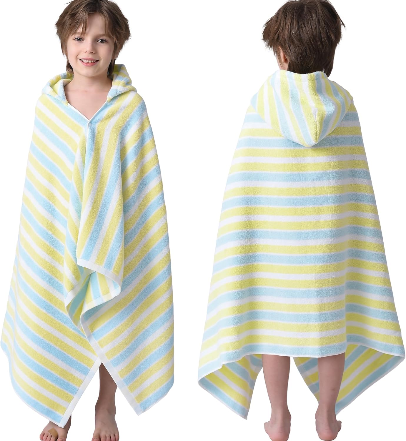 VOOVA & MOVAS Poncho Towels for Kids - 100% Cotton (4-8Years) - Absorbent Quick Dry Lightweight Hooded Towel Robe for Pool | Swim | Beach | Bath | Bathroom, Yellow Blue Stripe