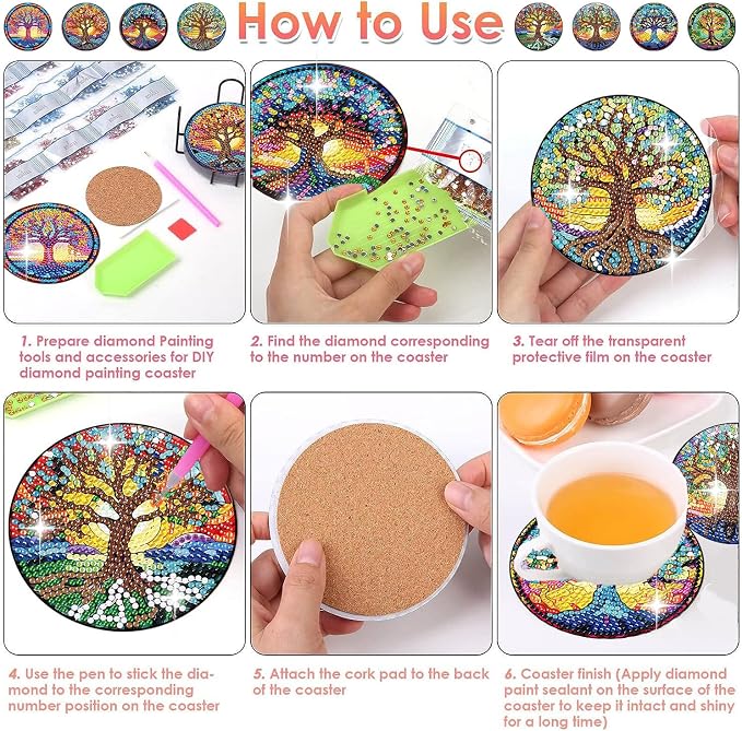 ijbnhd 8 PCS Tree of Life Diamond Art Coasters | Diamond Painting Coasters Kits