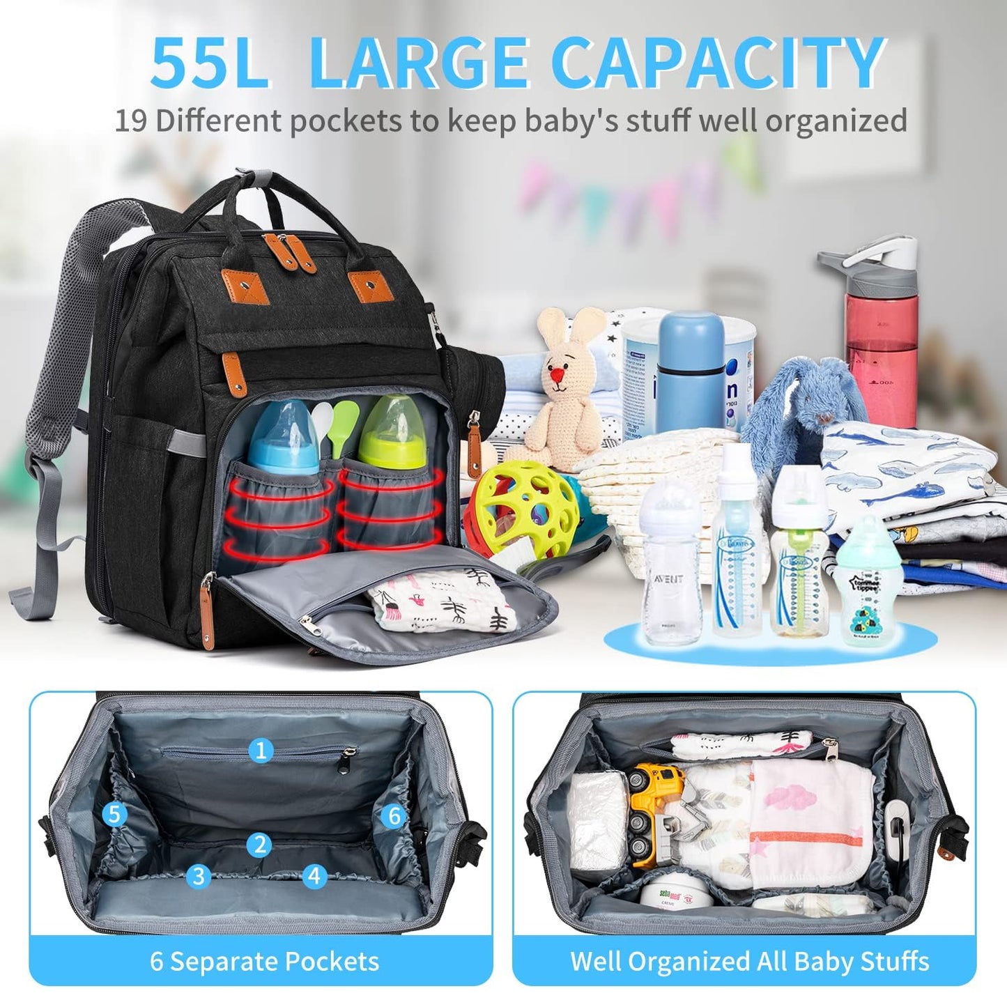 KABAQOO Diaper Bag Backpack with Detachable Changing Station, Large Capacity Baby Diaper Bags for Boys & Girls, Baby Registry Search Stuff & Shower Gifts, Newborn Essentials Must Haves, Black-2s