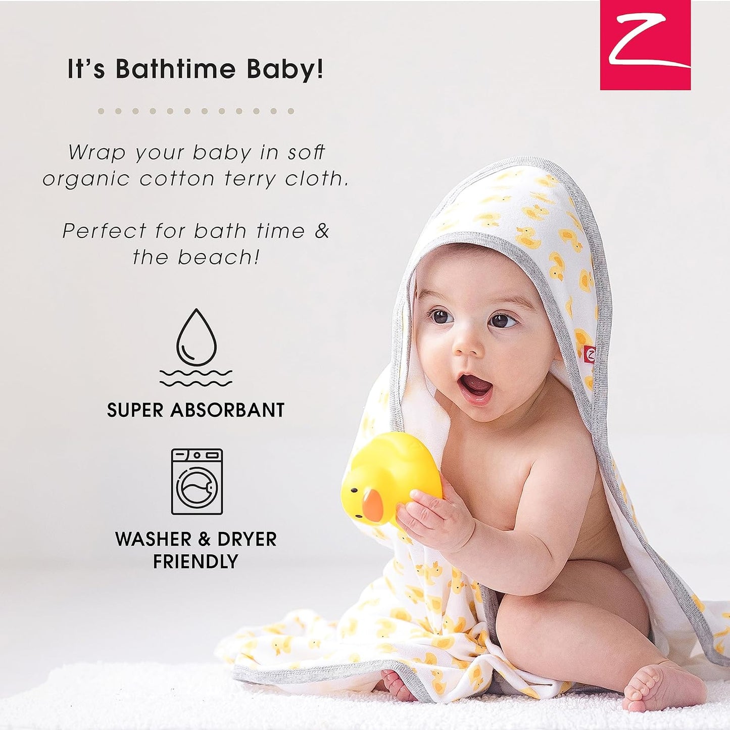 Zutano Hooded Baby Towels, Organic Cotton Baby Bath Towel, Ultra Soft and Absorbent Baby Towel for Newborn and Infant | Girl, Boy, and Unisex Towel Set, Elephant Bath Time, 1-Pack