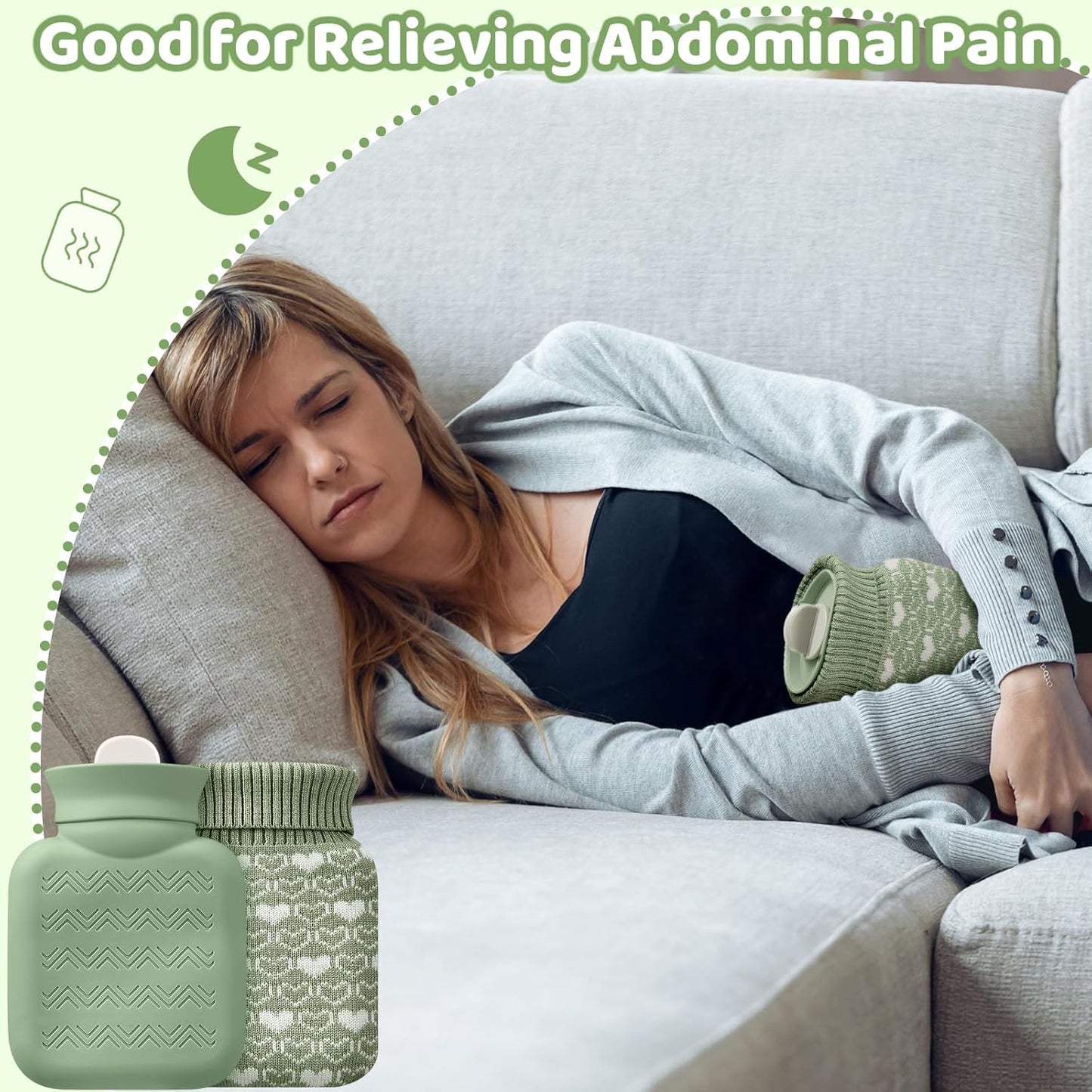 Amylove Mini Hot Water Bottle 320ml for Hot & Cold Compress with Cover Silicone Microwave Heating Small Water Bag for Travel Pain Relief Holiday Gifts(Sage Green)