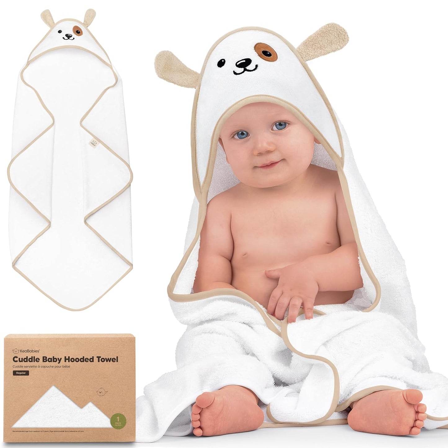 KeaBabies Hooded Baby Towel for Newborn - Viscose Derived from Bamboo Large Baby Bath Towels with Hood for Boys, Girls, Toddler, Extra Absorbent & Soft Newborn Bath Essentials (Dog, Regular)