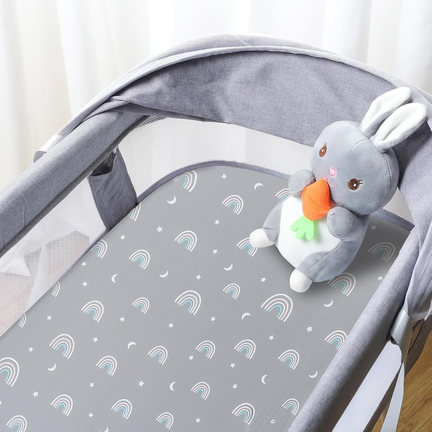 Bassinet Bed Sheet Set 2 Pcs Fits Rectangle Oval Halo Hourglass Mattress Stretch Bassinet Bed Sheet Soft and Comfortable (Deer Park) (Rainbow & Dinosaur)