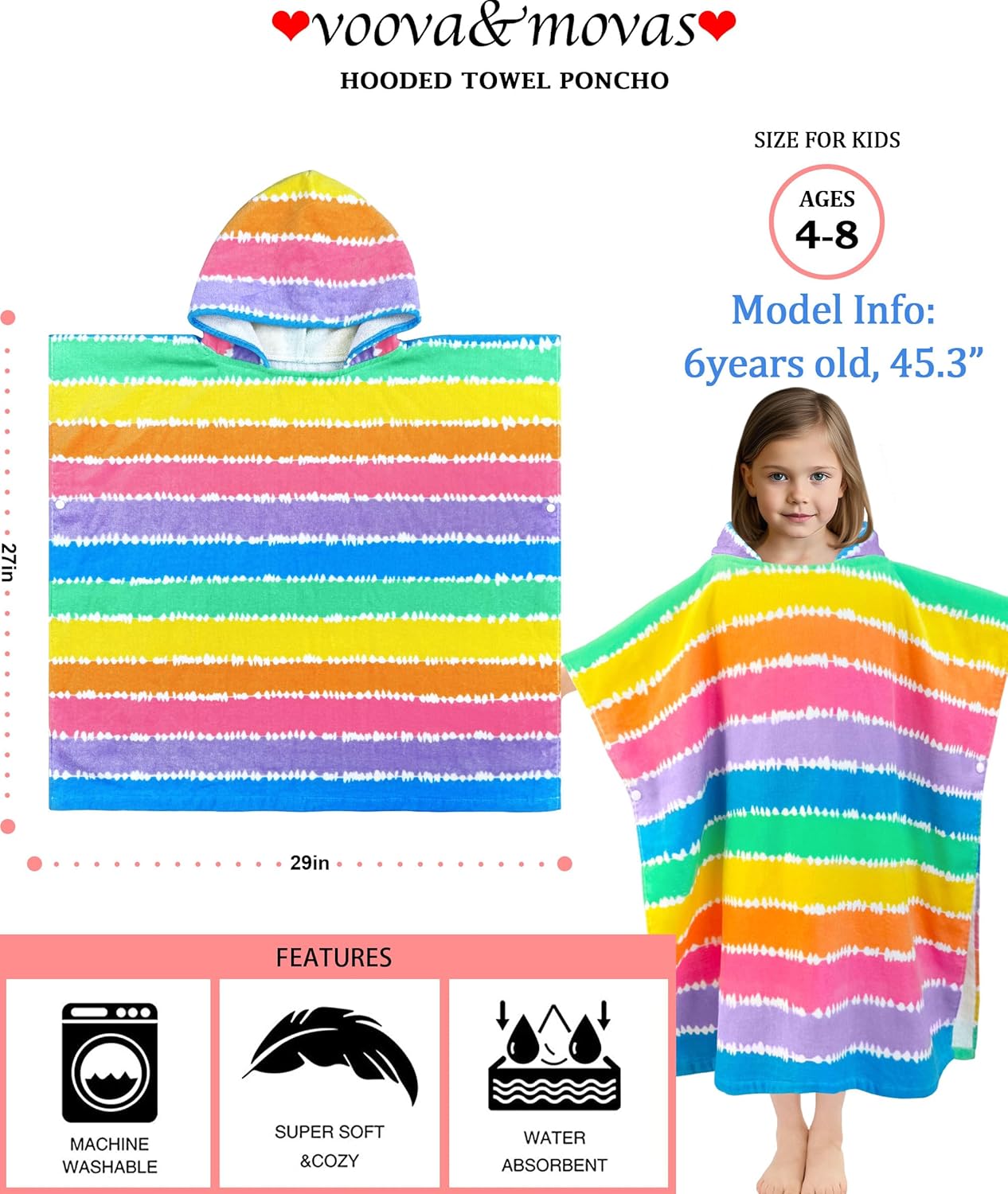 VOOVA & MOVAS Kids Bath Towel with Hood (3-10Years), Quick Dry Absorbent Lightweight Towel Wrap for Pool | Swim | Bath, Color Stripe