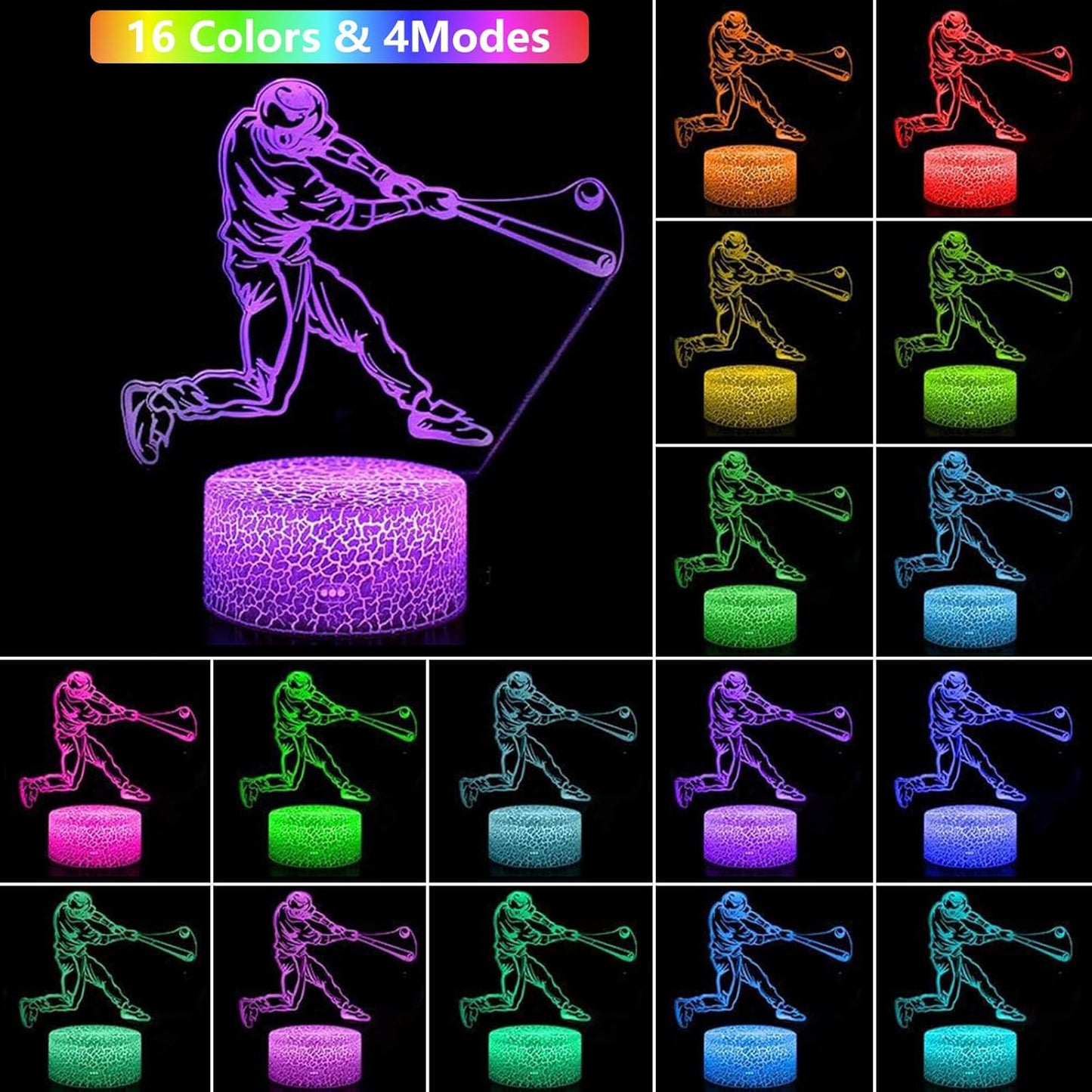Baseball Man 3D Night Light for Kids for Teens Boys Girls Birthday Christmas Gift,with Smart Touch and Remote Control,Multiple Colors and Brightness Adjustment Room Decor Night Lamp