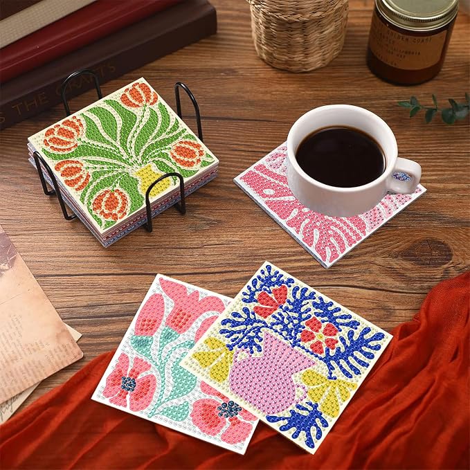 Gemozaic 8PCS Flowers Diamond Art Coasters Kits, Simple Floral Diamond Painting