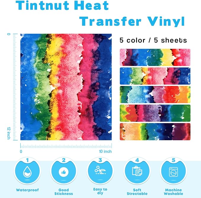 Tintnut Multicolor Watercolor Heat Transfer Vinyl, PU HTV sheets, easy cut &