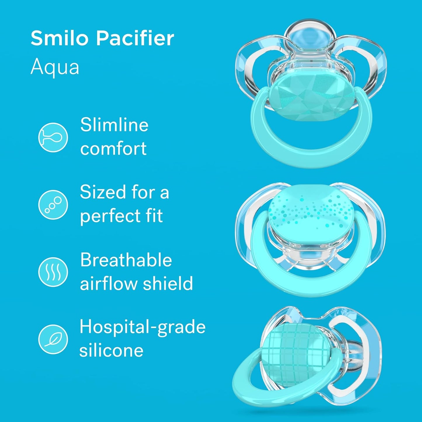 Smilo Baby Pacifier with Orthodontic Design for Healthy Dental Development - Stage 1 for Babies 0-3 Months - Pack of 3X 100% Silicone Newborn Pacifiers BPA Free - Aqua Blue