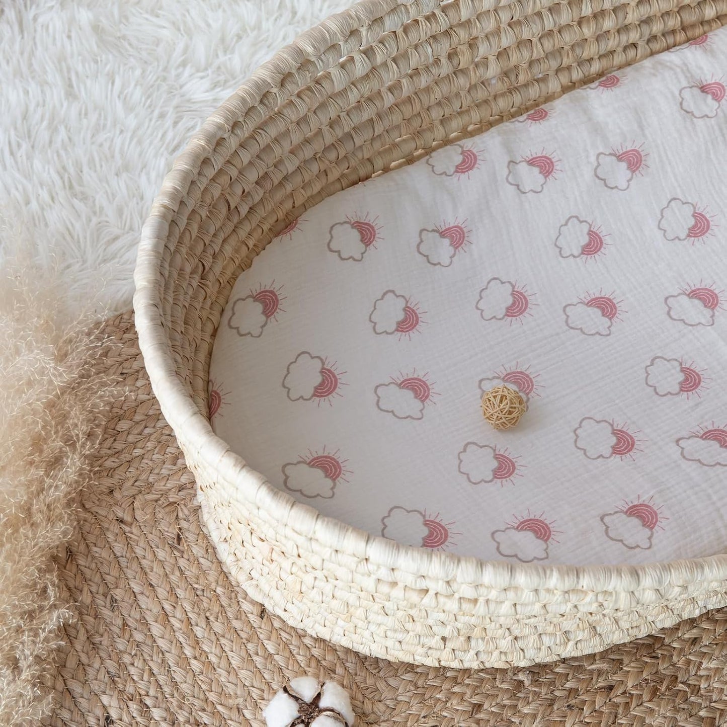 Muslin Bassinet Fitted Sheets, 2 Pack for Baby Boy and Girl, Soft Breathable Baby Pad/Mattress Sheet, Fit for Hourglass Oval and Rectangle Bassinet Mattress (Pink Cloud)