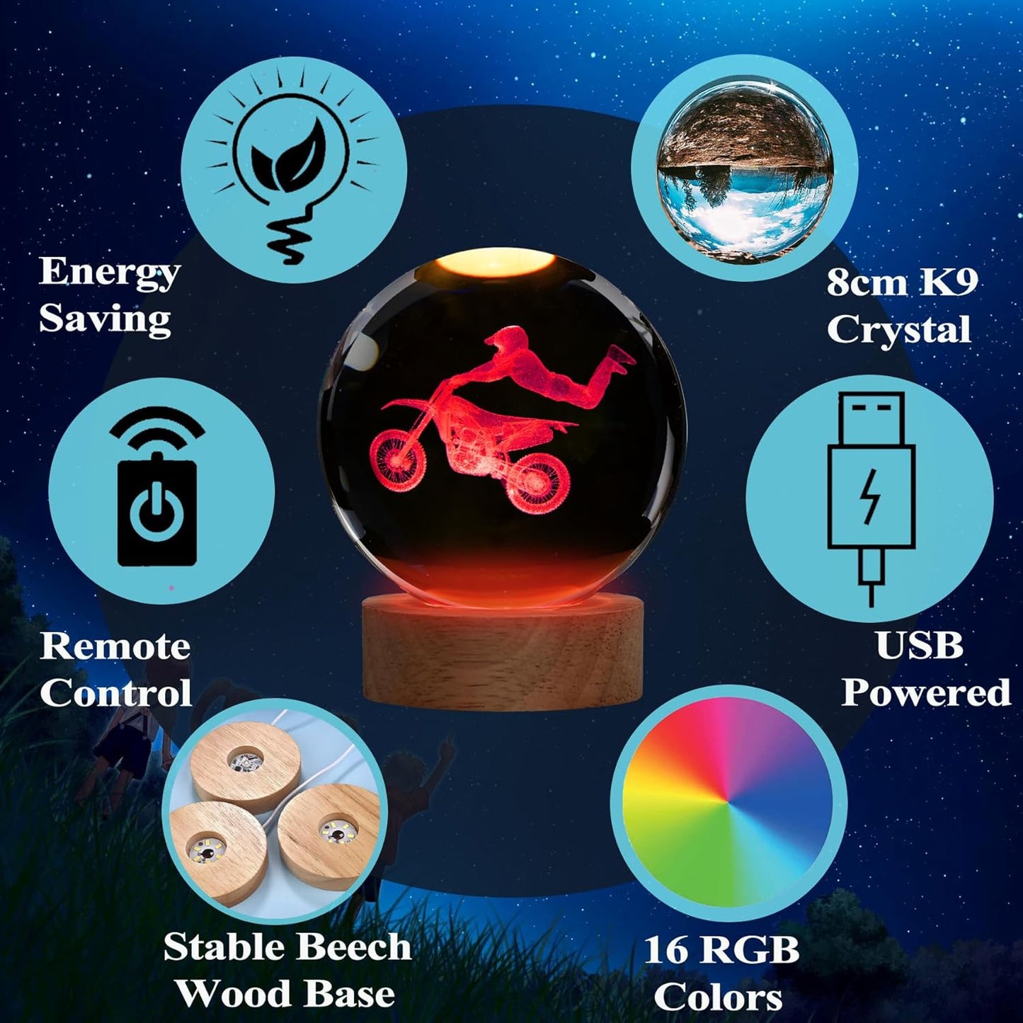 Dirtbike Night Light, Dirtbike Gifts, 3D Crystal Ball Dirtbike Lamp with Remote Upgraded 3.15 Inch with 16 Color for Birthday Xmas Cool Figurines Motorbike Gifts for Room Decor Boys Girls