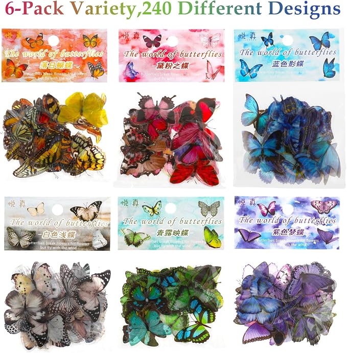 COMNICO 240PCS Butterfly Stickers, PET Waterproof Transparent Colorful Resin