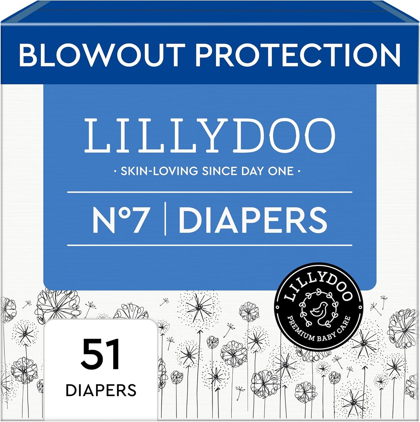 LILLYDOO Baby Diapers - Size 7 (33+ lbs), Half-Monthly Supply (51 Count), Leak Protection, Skin-Friendly, Ultrasoft, Perfume- & Chlorine-Free, Hypoallergenic, Dermatologist Tested, Oeko-TEX®