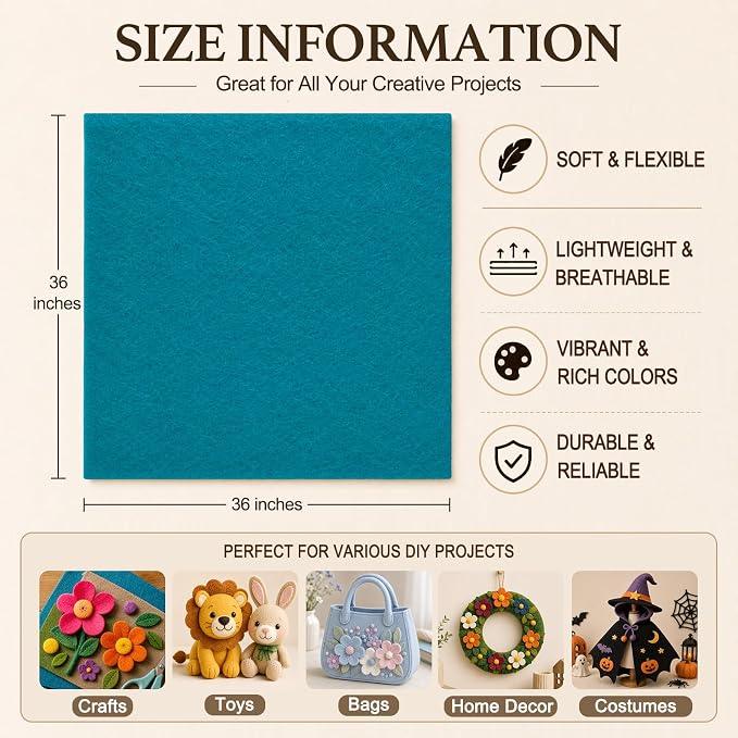 Peacock Blue Large Felt Fabric 36" x 36", 1.4 mm Soft Felt Sheet, Nonwoven