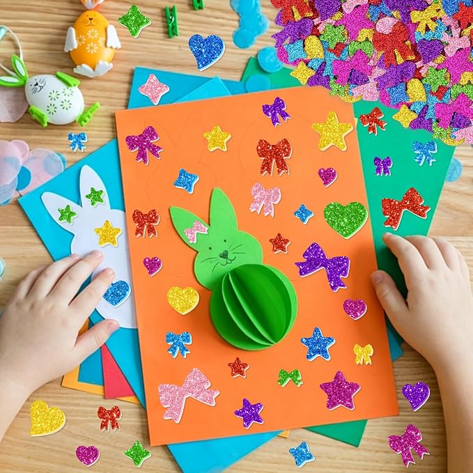 1000PCS Glitter Foam Stickers, Colorful Heart & Bow Stickers, Self-Adhesive