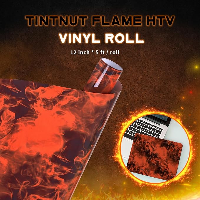 Tintnut Red Black Flame Heat Transfer Vinyl Roll, stretch washable, compatible