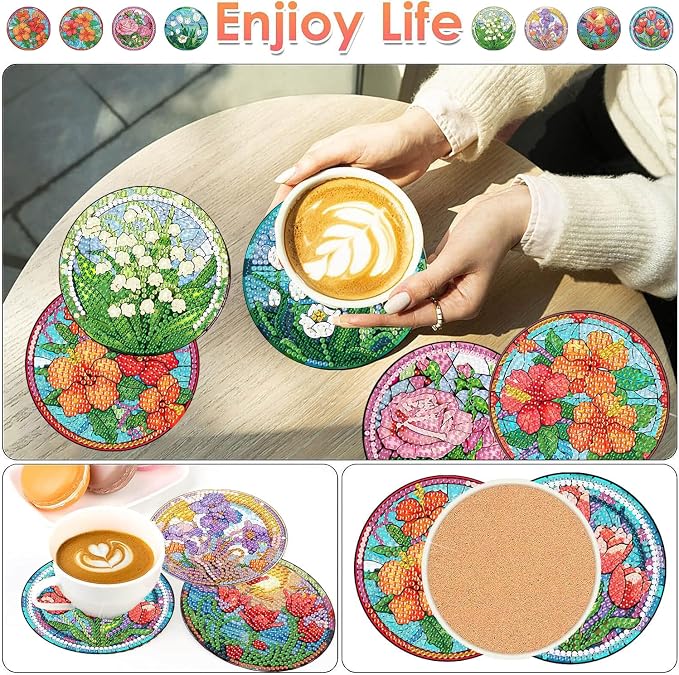 ijbnhd 8 PCS Flowers Diamond Art Coasters | Diamond Painting Coasters Kits