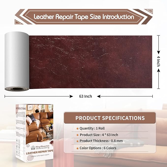 KING MOUNTAIN Leather Repair Patch, 4 x 63 Inches self Adhesive Leather Repair