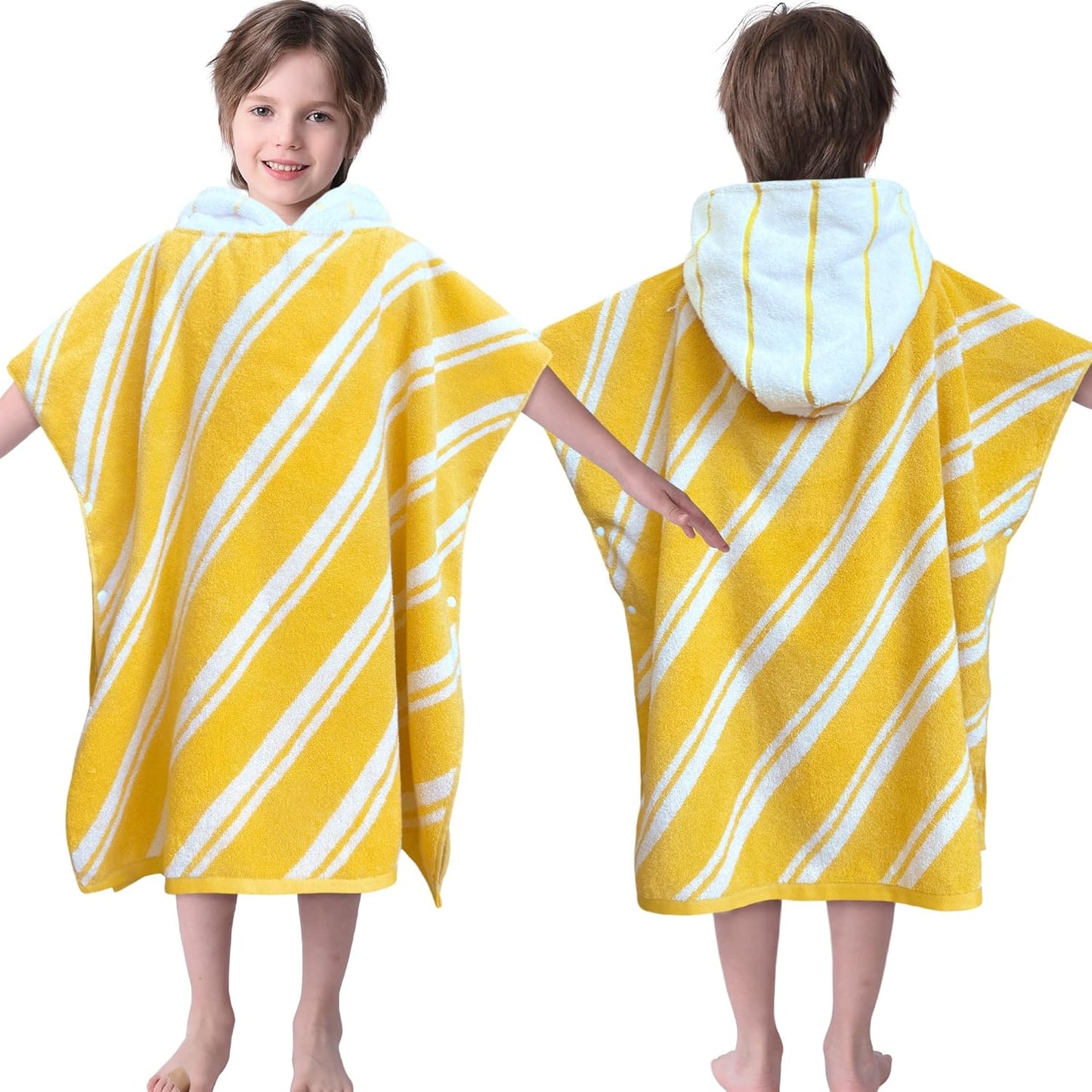 VOOVA & MOVAS Kids Hooded Poncho Towels (4-8Years,27.5"x27.5"),100% Cotton Soft Absorbent Towel for Boys,Perfect for Bathroom | Pool | Beach | Swimming, Jacquard Yellow Stripe